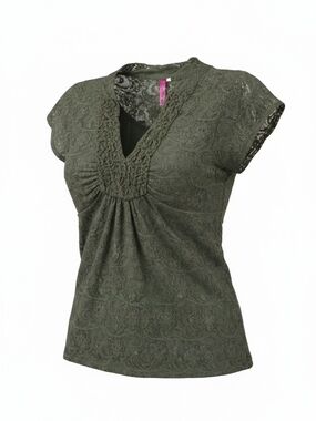 Heart Soul Y2K Vintage Lace-Detail V-Neck  Babydoll Blouse in Olive Green